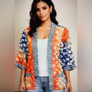 Alberto Makali 3D Floral Appliqué Kimono Jacket Boho Festival Flowy Size S